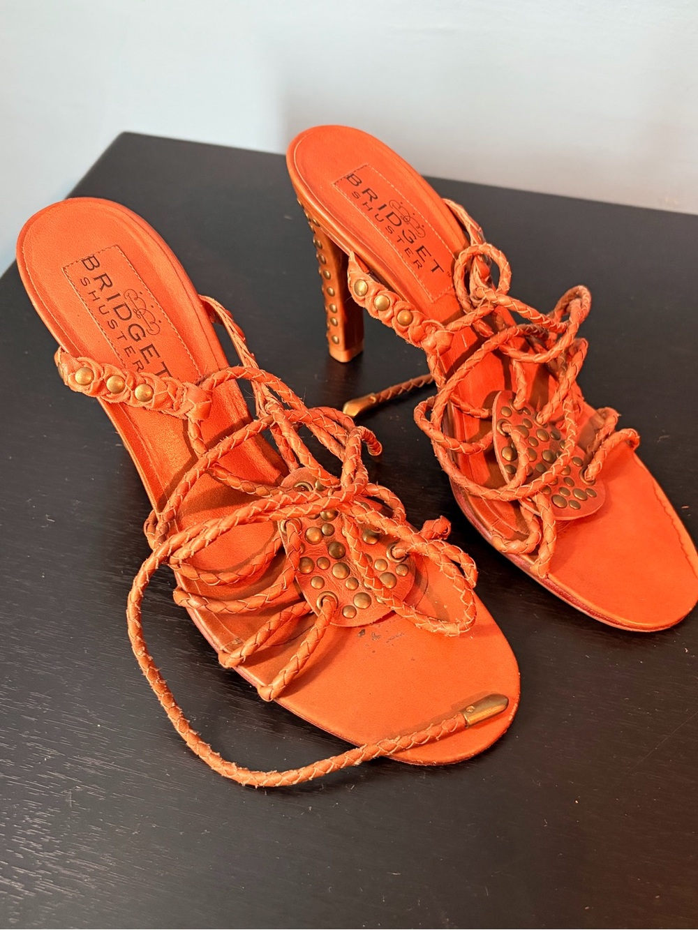 Bridget Shuster Beautiful Orange Braided Stud High Heel Sandals